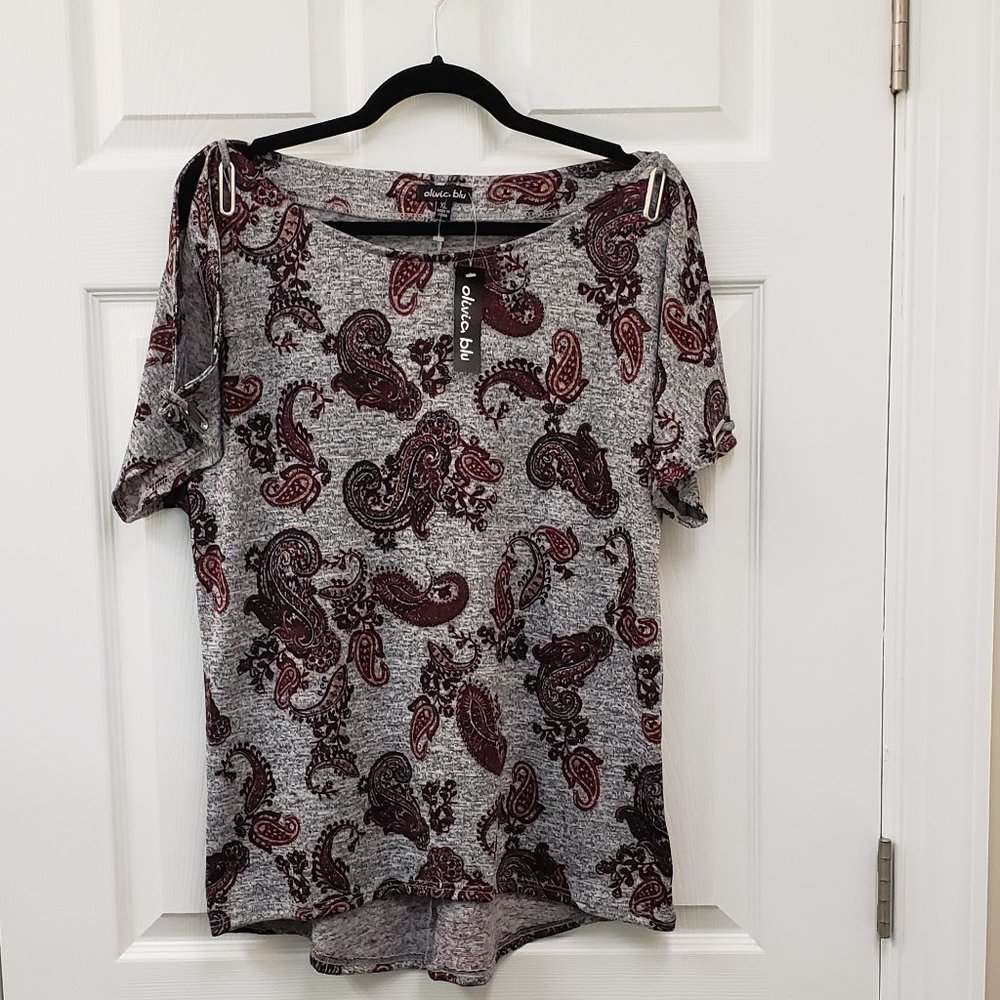 Olivia Blu, NWT, grey, purple, paisley, cold shoulder, boatneck blouse, SZ XL